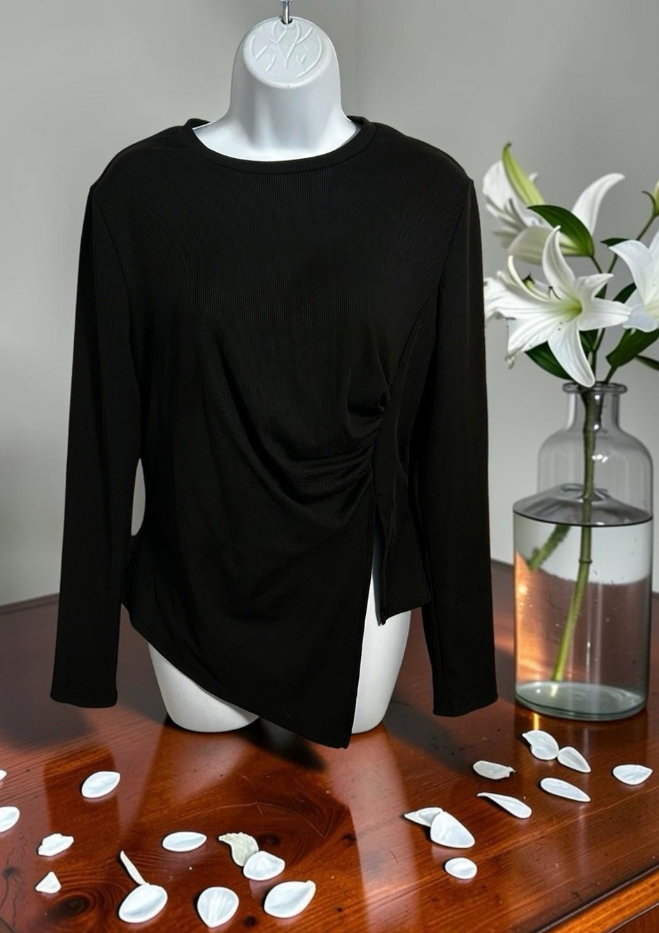 Black Ribbed Blouse Women's Sz L Fitted Minimalist Ruched Side Long-Sleeve Top